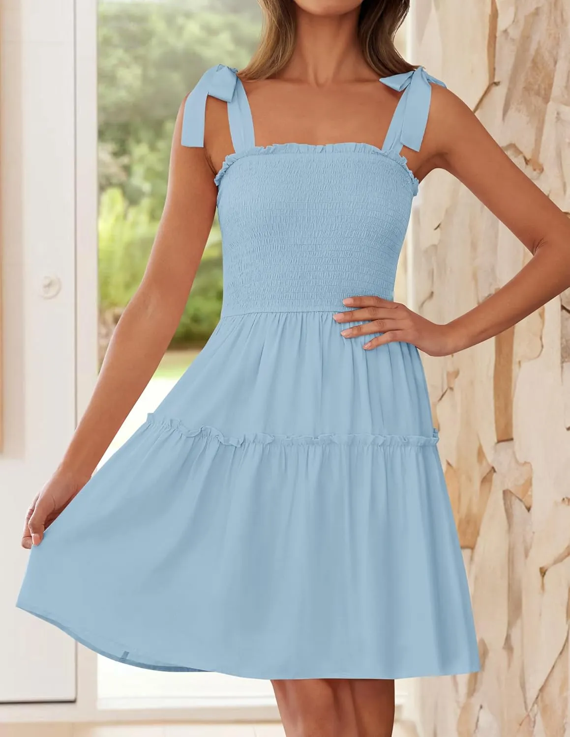 ZESICA Women's 2025 Summer Spaghetti Strap Sleeveless Square Neck Ruffle A Line Swing Mini Dress