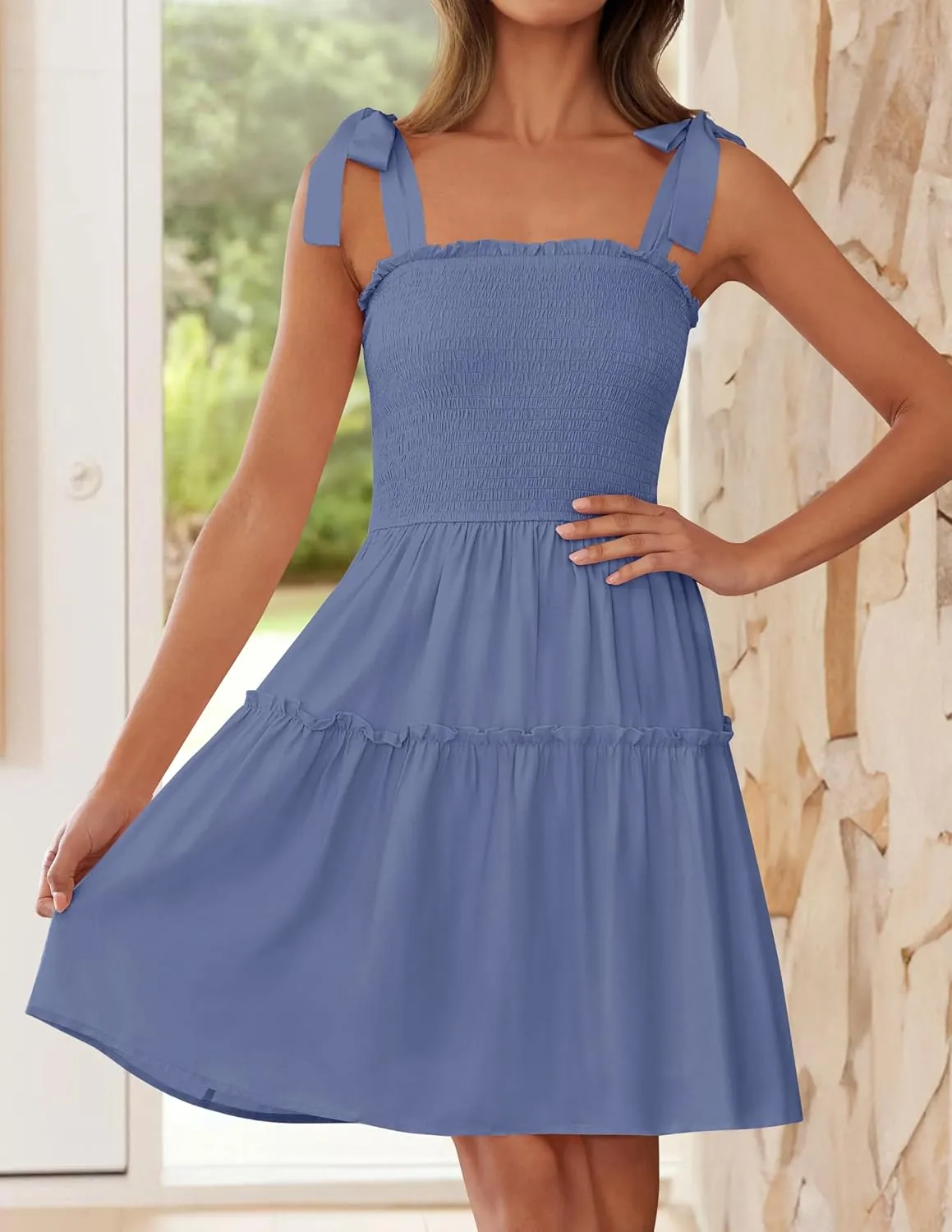 ZESICA Women's 2025 Summer Spaghetti Strap Sleeveless Square Neck Ruffle A Line Swing Mini Dress