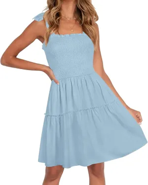 ZESICA Women's 2025 Summer Spaghetti Strap Sleeveless Square Neck Ruffle A Line Swing Mini Dress
