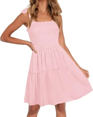 ZESICA Women's 2025 Summer Spaghetti Strap Sleeveless Square Neck Ruffle A Line Swing Mini Dress