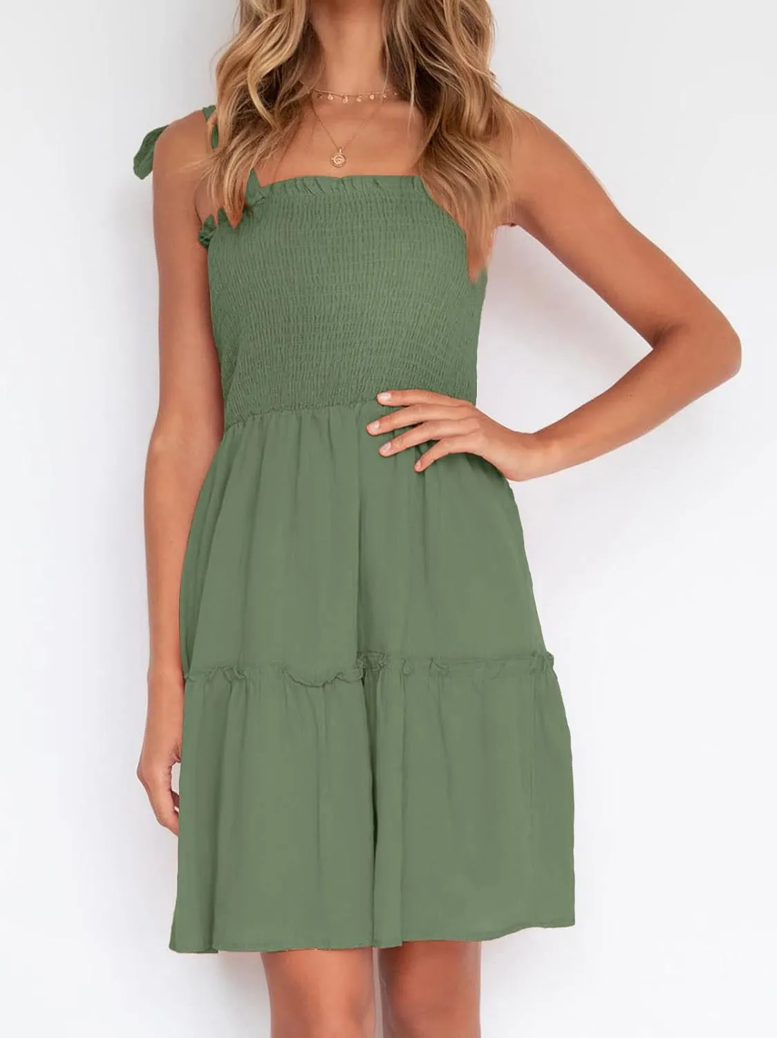 ZESICA Women's 2025 Summer Spaghetti Strap Sleeveless Square Neck Ruffle A Line Swing Mini Dress