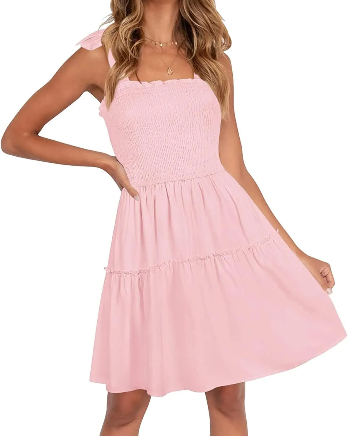 ZESICA Women's 2025 Summer Spaghetti Strap Sleeveless Square Neck Ruffle A Line Swing Mini Dress