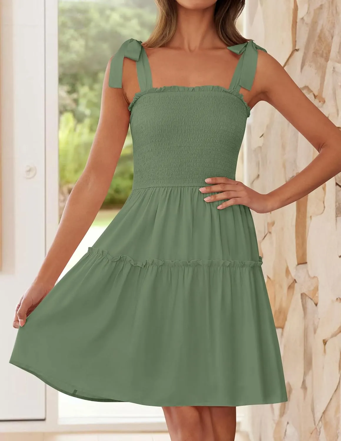 ZESICA Women's 2025 Summer Spaghetti Strap Sleeveless Square Neck Ruffle A Line Swing Mini Dress