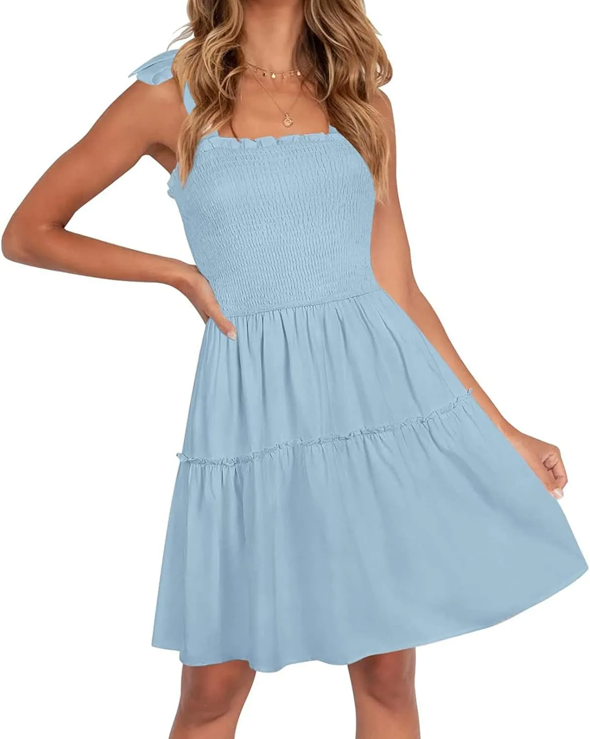 ZESICA Women's 2025 Summer Spaghetti Strap Sleeveless Square Neck Ruffle A Line Swing Mini Dress
