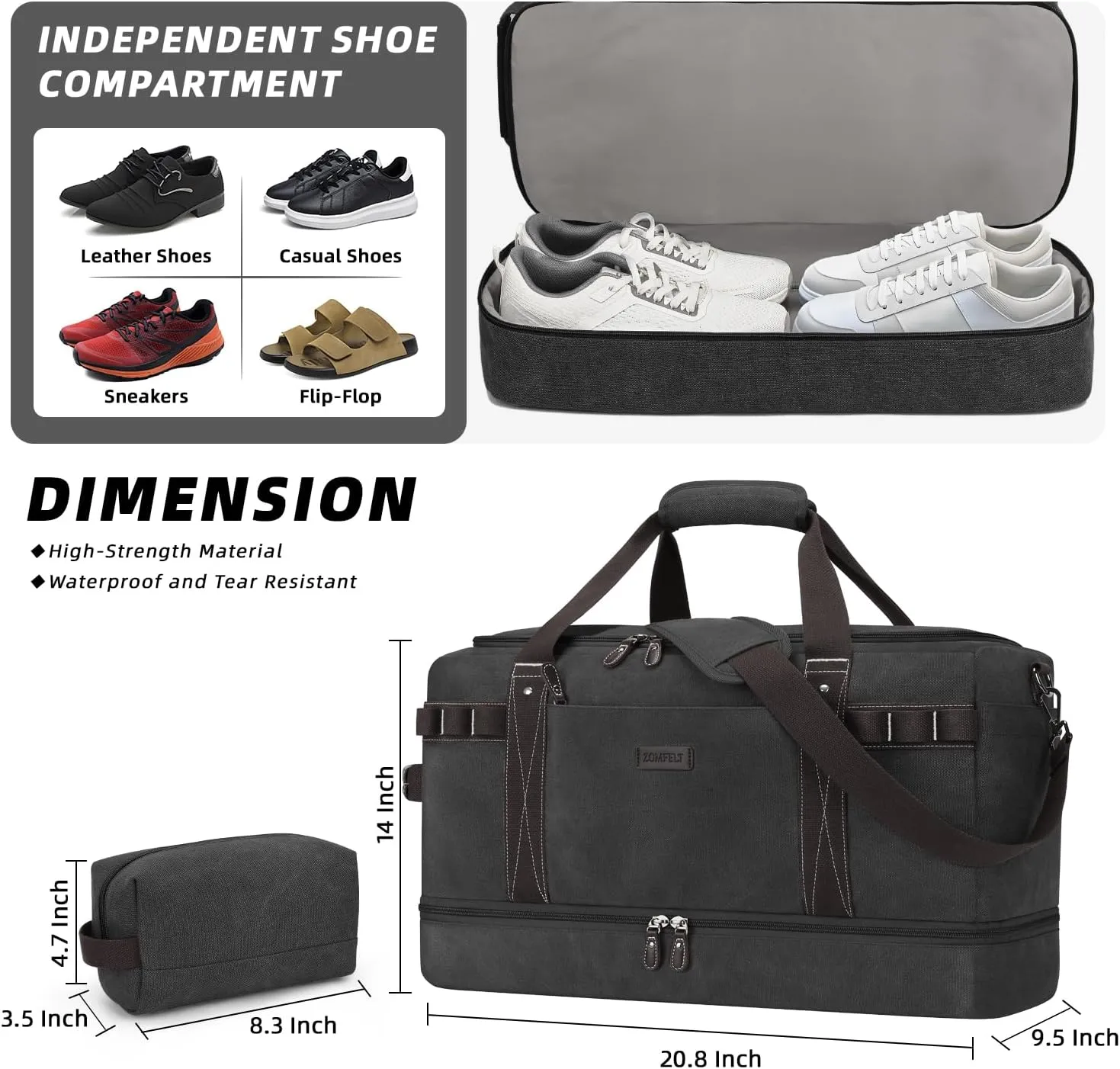 ZOMFELT Travel Duffle Bag for Men Women, Waterproof Canvas Overnight Duffel Bag with Removable Dividers & Shoe Compartment, Carry On Weekender Gym bag, Multi-Pocket & Vintage Design (Washed Black)