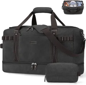 ZOMFELT Travel Duffle Bag for Men Women, Waterproof Canvas Overnight Duffel Bag with Removable Dividers & Shoe Compartment, Carry On Weekender Gym bag, Multi-Pocket & Vintage Design (Washed Black)
