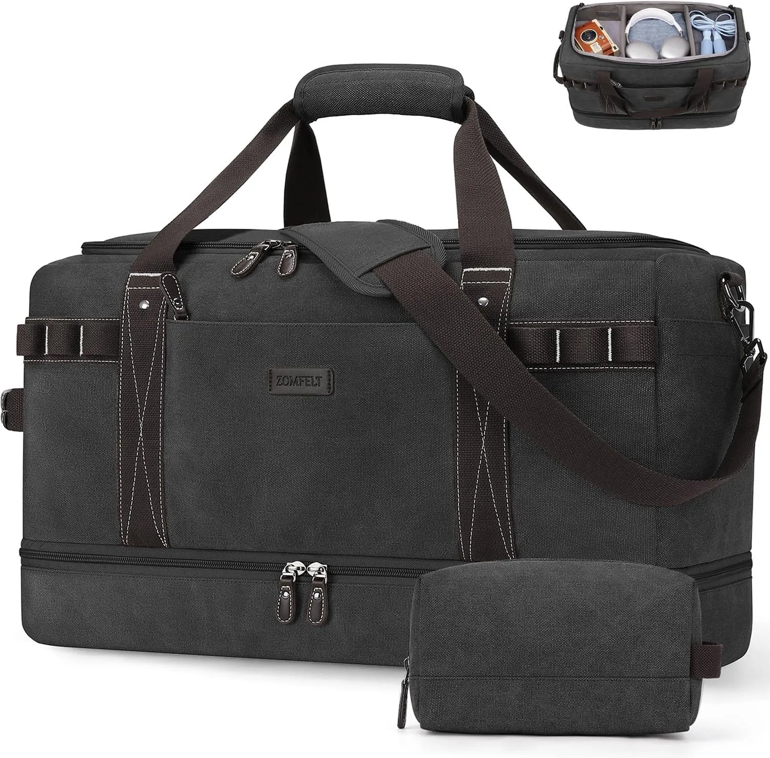 ZOMFELT Travel Duffle Bag for Men Women, Waterproof Canvas Overnight Duffel Bag with Removable Dividers & Shoe Compartment, Carry On Weekender Gym bag, Multi-Pocket & Vintage Design (Washed Black)