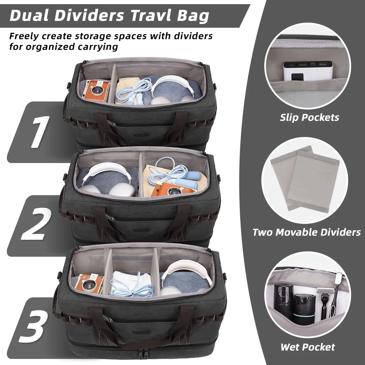 ZOMFELT Travel Duffle Bag for Men Women, Waterproof Canvas Overnight Duffel Bag with Removable Dividers & Shoe Compartment, Carry On Weekender Gym bag, Multi-Pocket & Vintage Design (Washed Black)