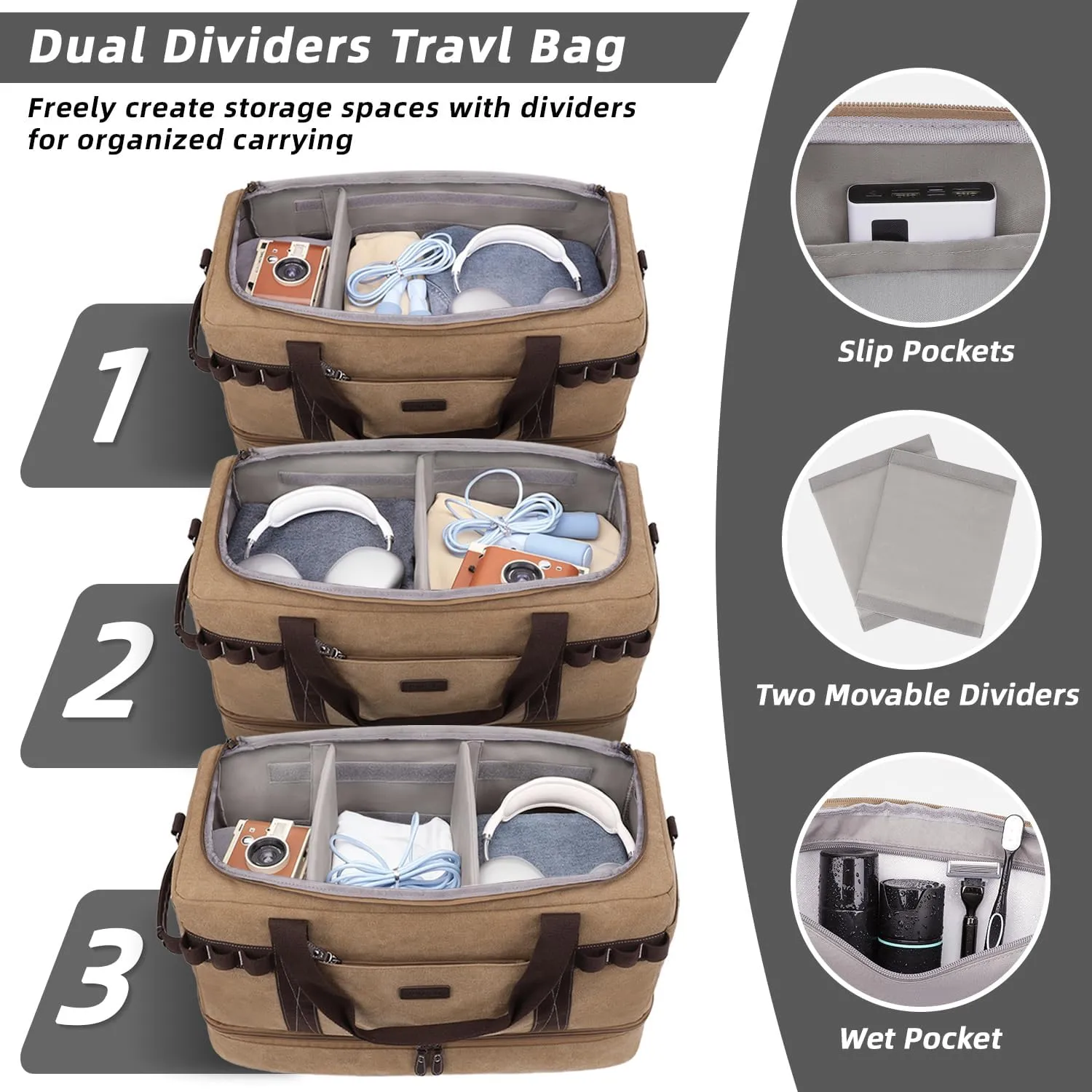 ZOMFELT Travel Duffle Bag for Men Women, Waterproof Canvas Overnight Duffel Bag with Removable Dividers & Shoe Compartment, Carry On Weekender Gym bag, Multi-Pocket & Vintage Design (Washed Brown)