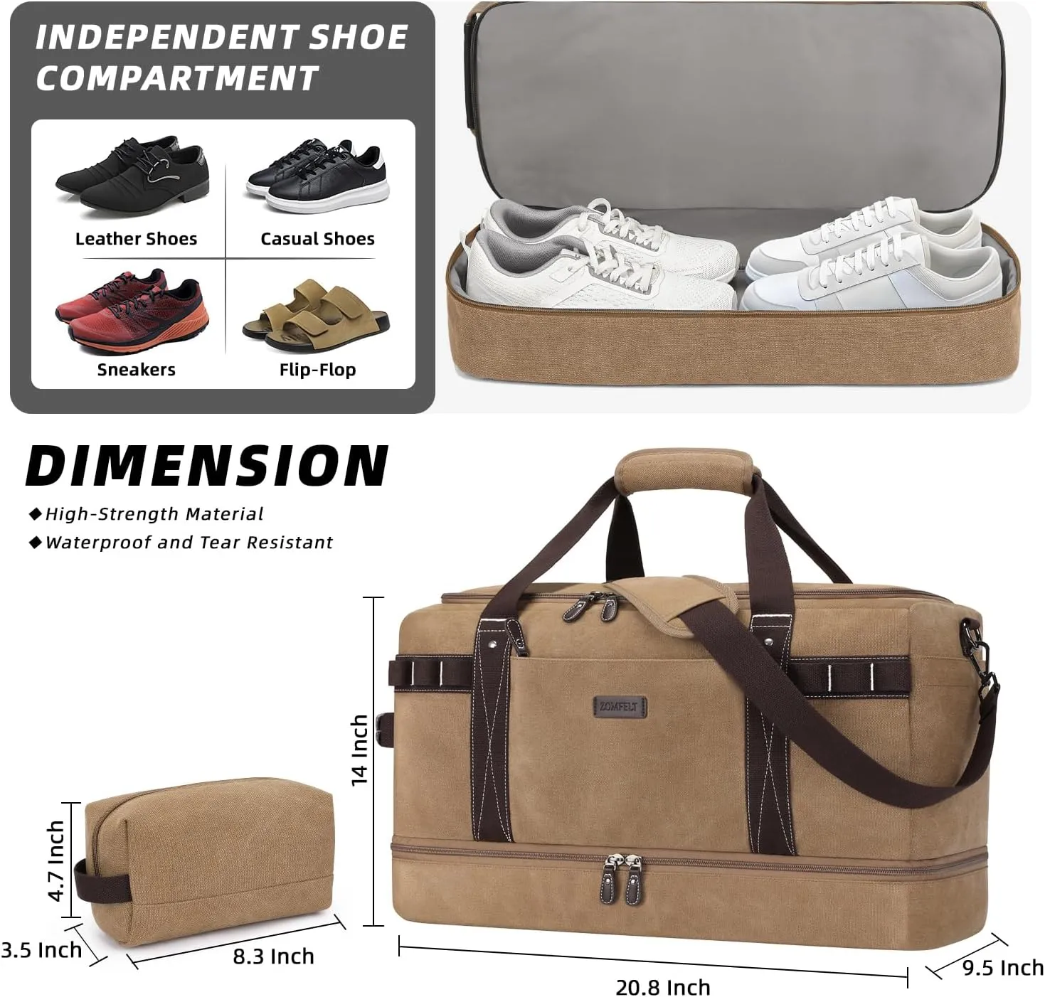 ZOMFELT Travel Duffle Bag for Men Women, Waterproof Canvas Overnight Duffel Bag with Removable Dividers & Shoe Compartment, Carry On Weekender Gym bag, Multi-Pocket & Vintage Design (Washed Brown)