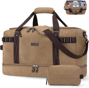 ZOMFELT Travel Duffle Bag for Men Women, Waterproof Canvas Overnight Duffel Bag with Removable Dividers & Shoe Compartment, Carry On Weekender Gym bag, Multi-Pocket & Vintage Design (Washed Brown)