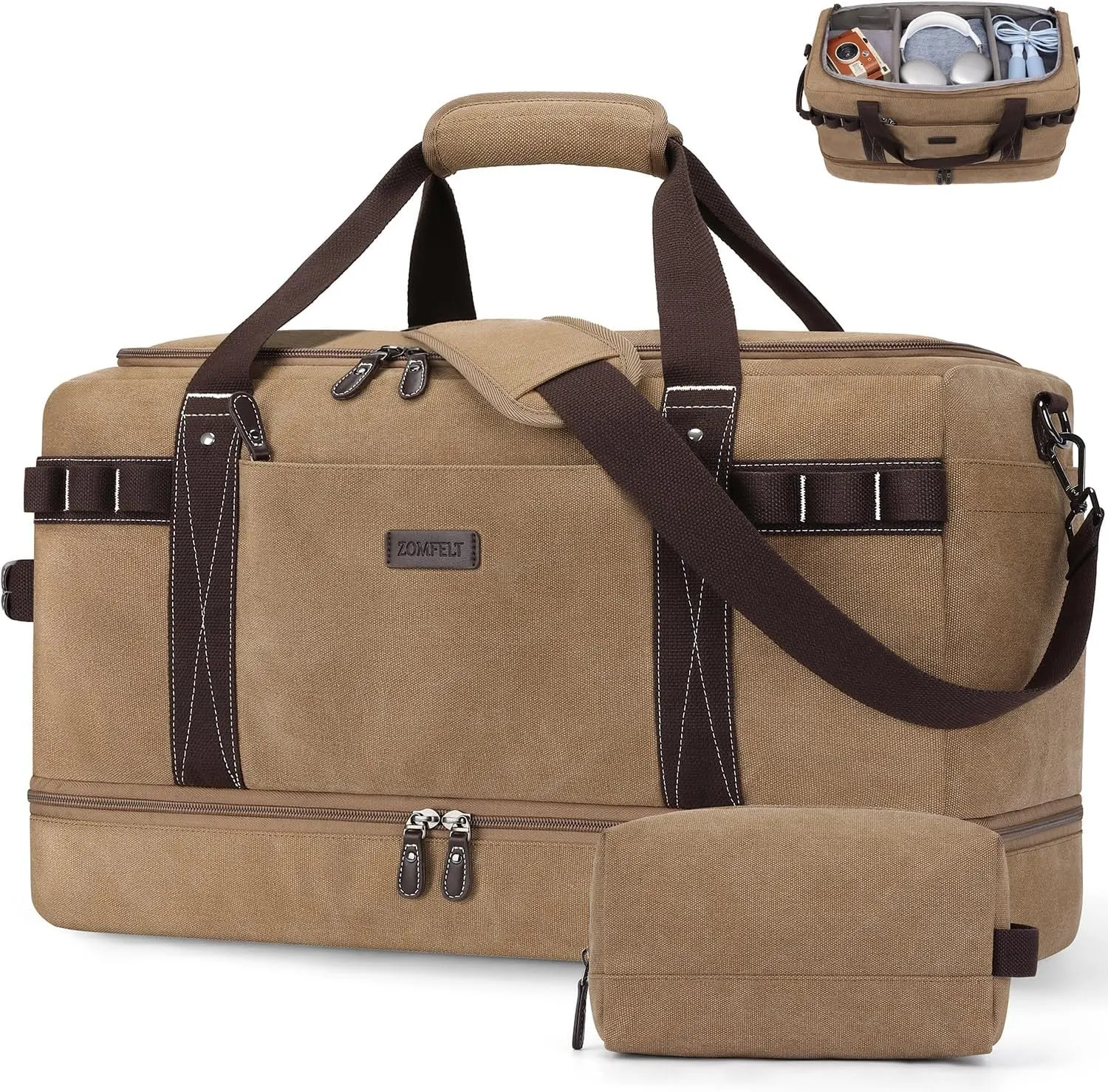 ZOMFELT Travel Duffle Bag for Men Women, Waterproof Canvas Overnight Duffel Bag with Removable Dividers & Shoe Compartment, Carry On Weekender Gym bag, Multi-Pocket & Vintage Design (Washed Brown)